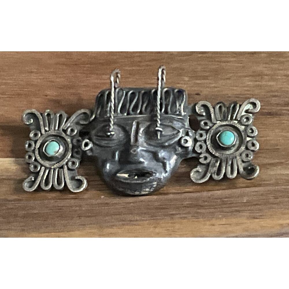 Vintage Mexican Sterling Silver & Turquoise Mask Brooch Silver Aztec Motif 26 gr